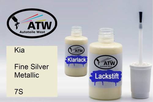 Kia, Fine Silver Metallic, 7S: 20ml Lackstift + 20ml Klarlack - Set, von ATW Autoteile West.